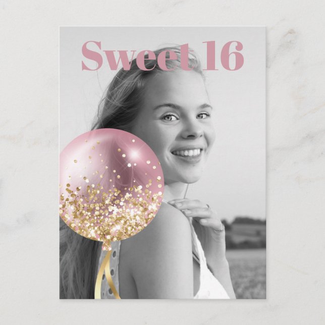 Invitation Carte Postale *~* Sweet 16 Anniversaire Photo Rose Balloon AP29 (Devant)