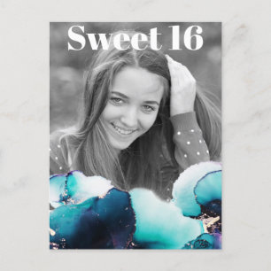Invitation Carte Postale *~* Sweet 16 Anniversaire Photo TURQUOISE Abstrait