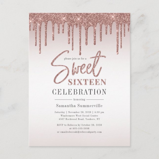 Invitation Carte Postale Sweet 16 Anniversaire Rose Gold Script Party (Devant)