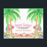 Invitation Carte Postale Sweet 16 Aquarelle Hawaiian thème anniversaire<br><div class="desc">Sweet 16 invitations d'anniversaire à thème hawaïen dans de jolies aquarelles. Cette douce invitation à la carte postale, composée de 16 palmiers balançoires, propose un buffet de plage avec parasols roses et verts. Idéal pour une soirée luau hawaïenne, il y a une fête de fruits tropicaux, de cocktails de noix...</div>