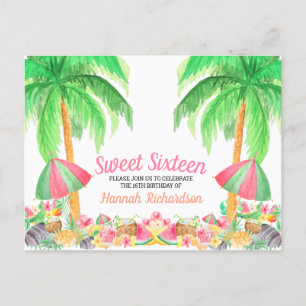 Invitation Carte Postale Sweet 16 Aquarelle Hawaiian thème anniversaire