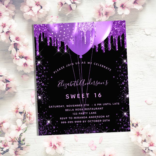 Invitation Carte Postale Sweet 16 ballons de parties scintillant violet noi (Créateur téléchargé)
