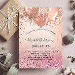 Invitation Carte Postale Sweet 16 ballons d'or rose rose pâle<br><div class="desc">Un arrière - plan rose or et rose vif dégradé. Décoré d'or rose,  de gouttes de parties scintillant rose,  de la peinture goutte à goutte et des ballons. Personnalisez et ajoutez un nom et des détails du parti. Le nom est écrit avec un script de style manuscrit</div>