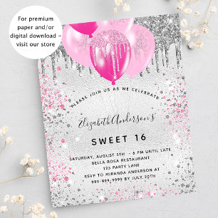 Invitation Carte Postale Sweet 16 Birthday silver pink glitter