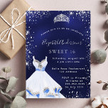 Invitation Carte Postale Sweet 16 bleu argent robe parties scintillant tiar<br><div class="desc">Une invitation moderne, élégante et glamour pour une fête Sweet 16, 16e anniversaire. Un arrière - plan bleu nuit avec de la poussière de parties scintillant en faux argent, une tiare et une robe. La couleur bleue est inégale. Le nom est écrit avec un script de style moderne écrit à...</div>