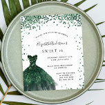 Invitation Carte Postale Sweet 16 couleur vert émeraude parties scintillant<br><div class="desc">Une invitation moderne, élégante et glamour pour une fête Sweet 16, 16e anniversaire. Sur le devant : Un arrière - plan blanc aux étincelles vertes, une robe vert émeraude. Le nom est écrit avec un script de style moderne écrit à la main. Personnalisez et ajoutez les détails de votre fête....</div>