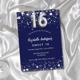 Invitation Carte Postale Sweet 16 étoiles bleu marine en argent