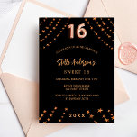 Invitation Carte Postale Sweet 16 étoiles rose noir<br><div class="desc">Pour une soirée Sweet 16,  16ème anniversaire. Un arrière - plan noir. Décoré d'étoiles dorées roses. Personnalisez et ajoutez un nom,  les détails de la fête,  l'année de naissance. Le nom est écrit avec un script de style manuscrit</div>