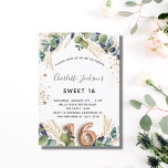 Invitation Carte Postale Sweet 16 eucalyptus parties scintillant verte élég<br><div class="desc">Pour une Soirée 16, 16e anniversaire. Un arrière - plan blanc décoré de verdure d'eucalyptus et de feuilles dorés. Taches de fausse parties scintillant dorée. Personnalisez et ajoutez vos noms et les détails du mariage. Lettres noires et dorées. Le numéro 16 est écrit avec une police de style ballon. Dos...</div>
