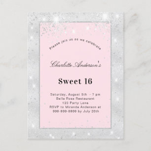 Invitation Carte Postale Sweet 16 parties scintillant argent rose pâle