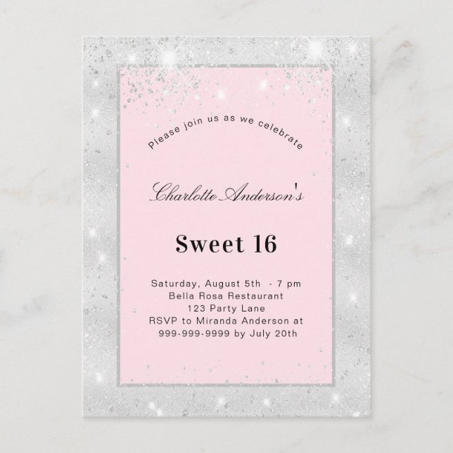 Invitation Carte Postale Sweet 16 parties scintillant argent rose pâle (Devant)