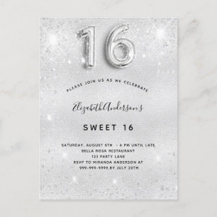Invitation Carte Postale Sweet 16 parties scintillant métallique argent gla