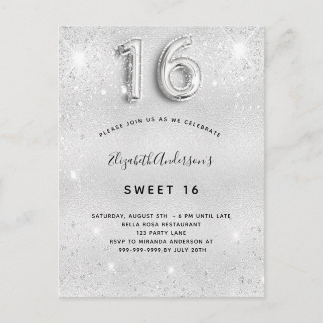 Invitation Carte Postale Sweet 16 parties scintillant métallique argent gla (Devant)