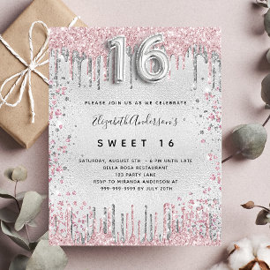 Invitation Carte Postale Sweet 16 parties scintillant rose argent gouttes i