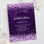 Invitation Carte Postale Sweet 16 parties scintillant rose violet glamour<br><div class="desc">Une invitation moderne, élégante et glamour pour une fête Sweet 16, 16e anniversaire. Un arrière - plan de couleur violet foncé à la fausse parties scintillant rose, confetti. La couleur violette est inégale. Le nom est écrit avec un script de style moderne écrit à la main. Personnalisez et ajoutez les...</div>