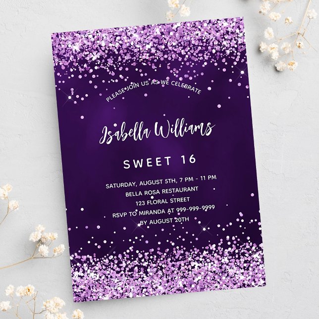Invitation Carte Postale Sweet 16 parties scintillant rose violet glamour (Créateur téléchargé)