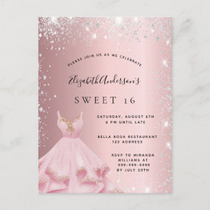 Invitation Carte Postale Sweet 16 robe blanche rose argent