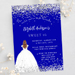 Invitation Carte Postale Sweet 16 robe de parties scintillant bleue royale<br><div class="desc">Une invitation moderne, élégante et glamour pour une fête Sweet 16, 16e anniversaire. Un arrière - plan bleu royal avec de la fausse poussière de parties scintillant, une fille portant une robe de bal. Le nom est écrit avec un script de style moderne écrit à la main. Personnalisez et ajoutez...</div>