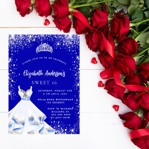 Invitation Carte Postale Sweet 16 robe royale bleu argent tiara glamour