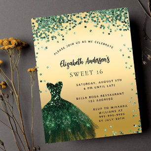 Invitation Carte Postale Sweet 16 robe vert émeraude élégante fête