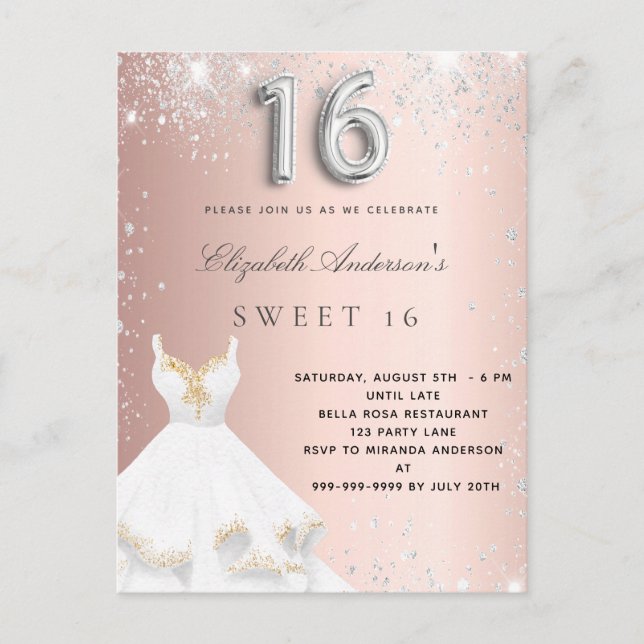 Invitation Carte Postale Sweet 16 rose or argent robe parties scintillant r (Devant)