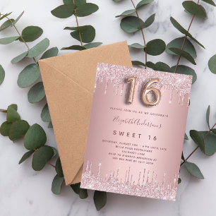 Invitation Carte Postale Sweet 16 rose roux parties scintillant rose 16e an