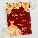 Invitation Carte Postale Sweet 16 rouge parties scintillant robe rose<br><div class="desc">Une invitation moderne, élégante et glamour pour une fête Sweet 16, 16e anniversaire. Un arrière - plan rouge avec de la poussière de parties scintillant faux or, une robe et des roses dorés, des fleurs. Le nom est écrit avec un script de style moderne écrit à la main. Personnalisez et...</div>