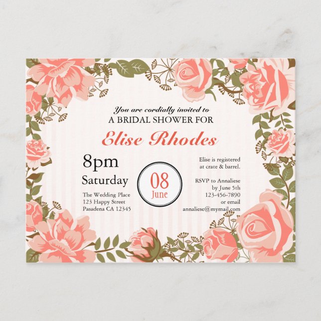 Invitation Carte Postale Sweet Coral rose jardin nuptiale douche (Devant)