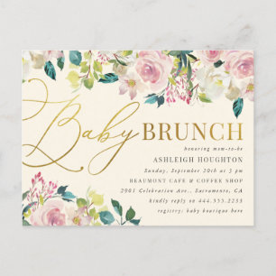 Invitation Carte Postale Sweet Floral Gold Script Bébé Brunch