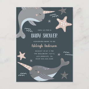 Invitation Carte Postale Sweet Narwhal Nautical Baby shower à thème