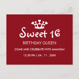 Invitation Carte Postale Sweet sixteen Anniversaire Reine - Bourgogne Invit