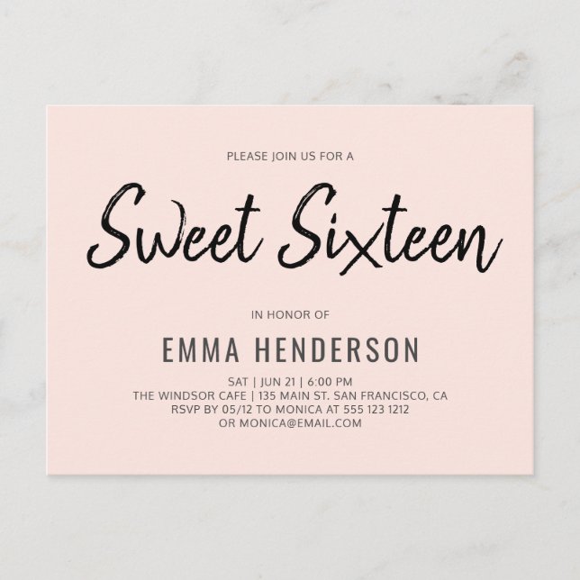 Invitation Carte Postale Sweet sixteen simple moderne (Devant)