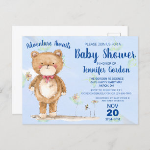 Invitation Carte Postale Sweet Woodland Bear Blue Boy Baby shower