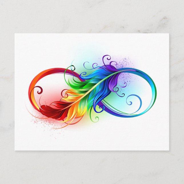 Invitation Carte Postale Symbole d'infini avec plume arc-en-ciel (Devant)