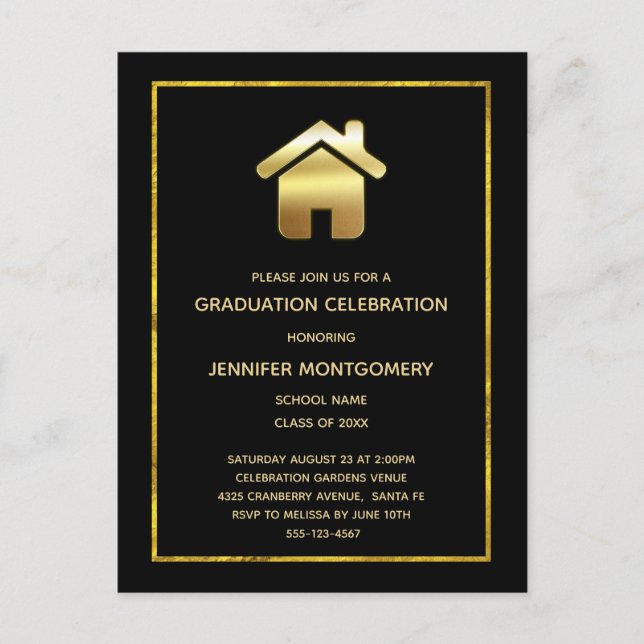 Invitation Carte Postale Symbole Elégant Gold House Immobilier Graduation (Devant)