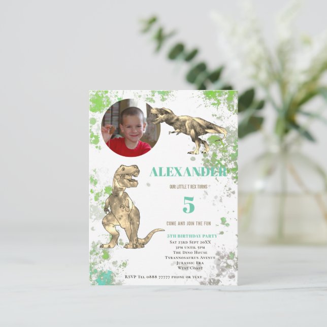 Invitation Carte Postale T rex 5e anniversaire fête Tyrannosaurus Photo (Debout devant)