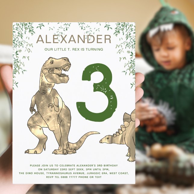 Invitation Carte Postale T-Rex Dinosaur Jungle 3e anniversaire Budget de la (Boys dinosaur jungle modern 3rd birthday party budget invitation with T-Rex and stegosaurus dinos)