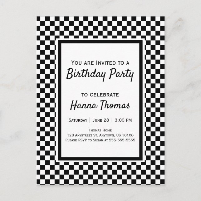 Invitation Carte Postale Tableau noir blanc Checkboard Anniversaire Invitat (Devant)