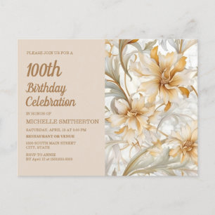 Invitation Carte Postale Tan Champagne Floral Femme 100e Anniversaire