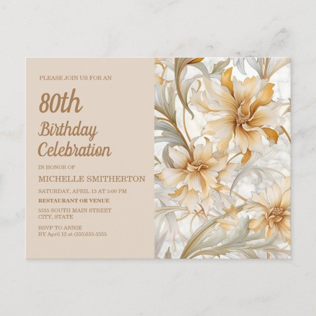 Invitation Carte Postale Tan Champagne Floral Femmes 80e anniversaire (Devant)