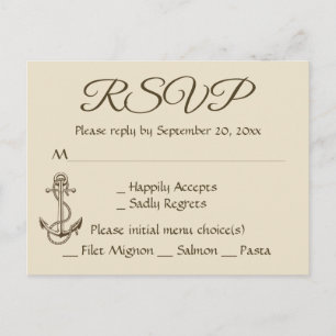 Invitation Carte Postale Tan nautique Marron Ancre de bateau RSVP