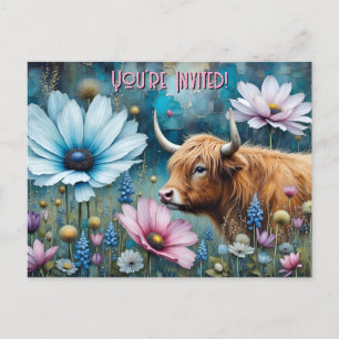 Invitation Carte Postale Tapisserie de Cosmos couleur vache Highland