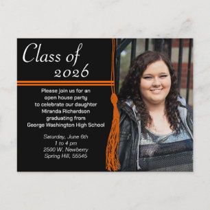Invitation Carte Postale Tassel Orange & Black Graduation Party