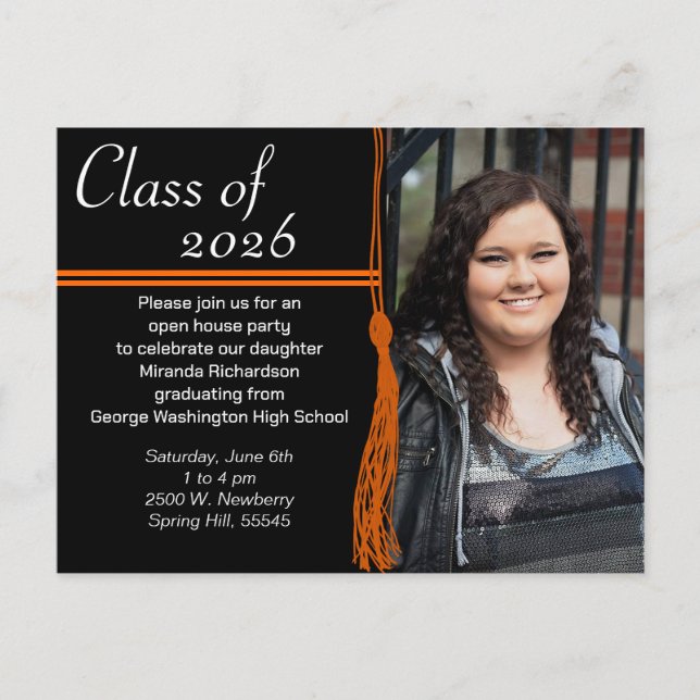 Invitation Carte Postale Tassel Orange & Black Graduation Party (Devant)