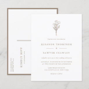 Invitation Carte Postale Taupe minimaliste bouquet floral Mariage