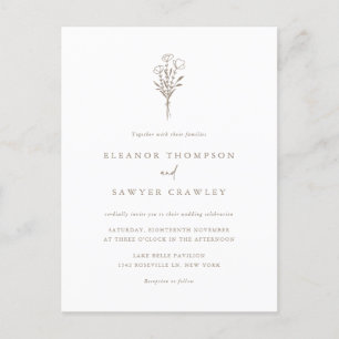 Invitation Carte Postale Taupe Minimaliste Bouquet Floral QR Code Mariage