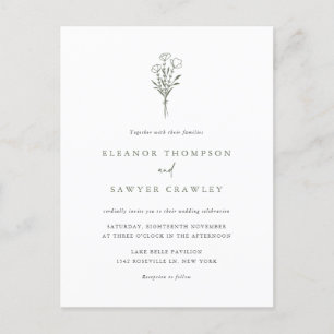 Invitation Carte Postale Taupe vert minimaliste Bouquet QR Code Mariage