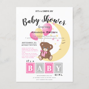 Invitation Carte Postale Teddy Bear assis sur la Lune   Baby Girl Shower