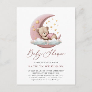 Invitation Carte Postale Terracotta Lune rose Teddy ours Baby shower fille