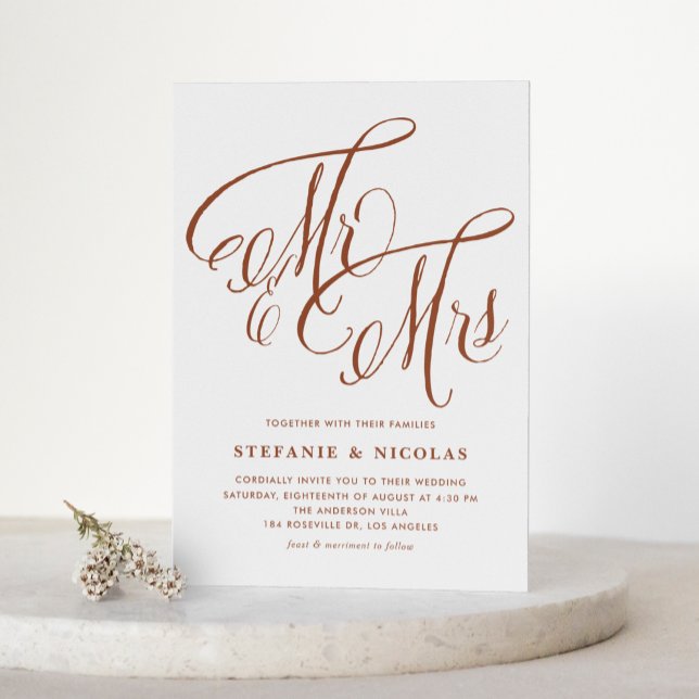 Invitation Carte Postale Terracotta Mr & Mrs Rustic Script QR Code Mariage (Terracotta Mr & Mrs Rustic Script QR Code Wedding Invitation Postcard)